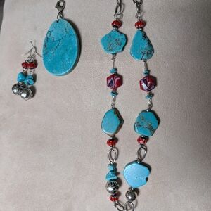 Handmade Turquoise and Red Beads Transformer Necklace and Earring Set